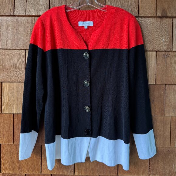 Misook Sweaters - Misook exclusively Red White & Black Colorblock Button Front Cardigan in 1X